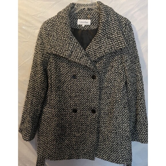 CALVIN KLEIN Black & White Boucle Wool Blend Double Breasted Belted Coat 12 - Picture 3 of 9